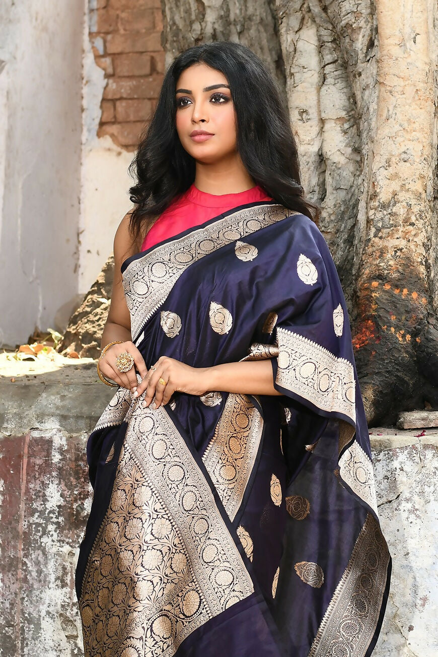 Joban Fashion Navy Blue Pure Katan Pure Handloom Banarasi Silk Saree