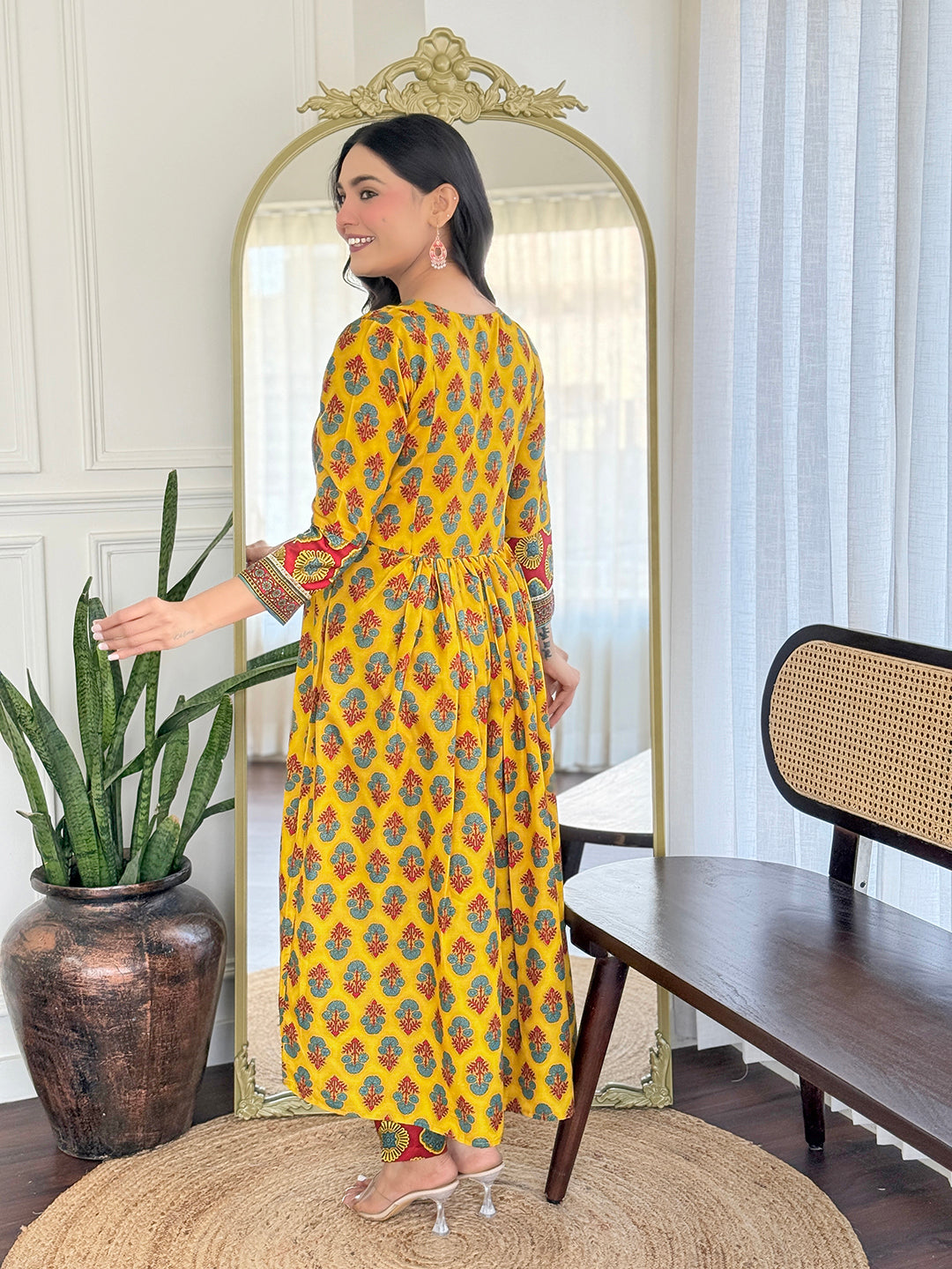 The52 Women's Gorgeous Rayon Printed Flared Kurta with Pant And Dupatta Set