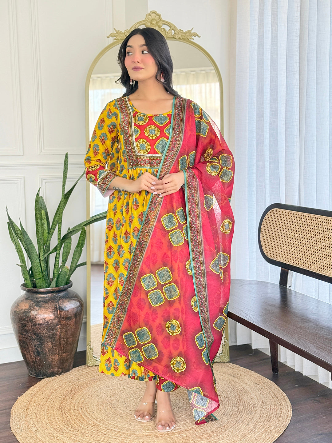 The52 Women's Gorgeous Rayon Printed Flared Kurta with Pant And Dupatta Set