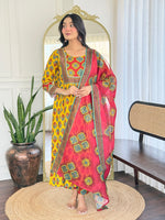Thumbnail for The52 Women's Gorgeous Rayon Printed Flared Kurta with Pant And Dupatta Set