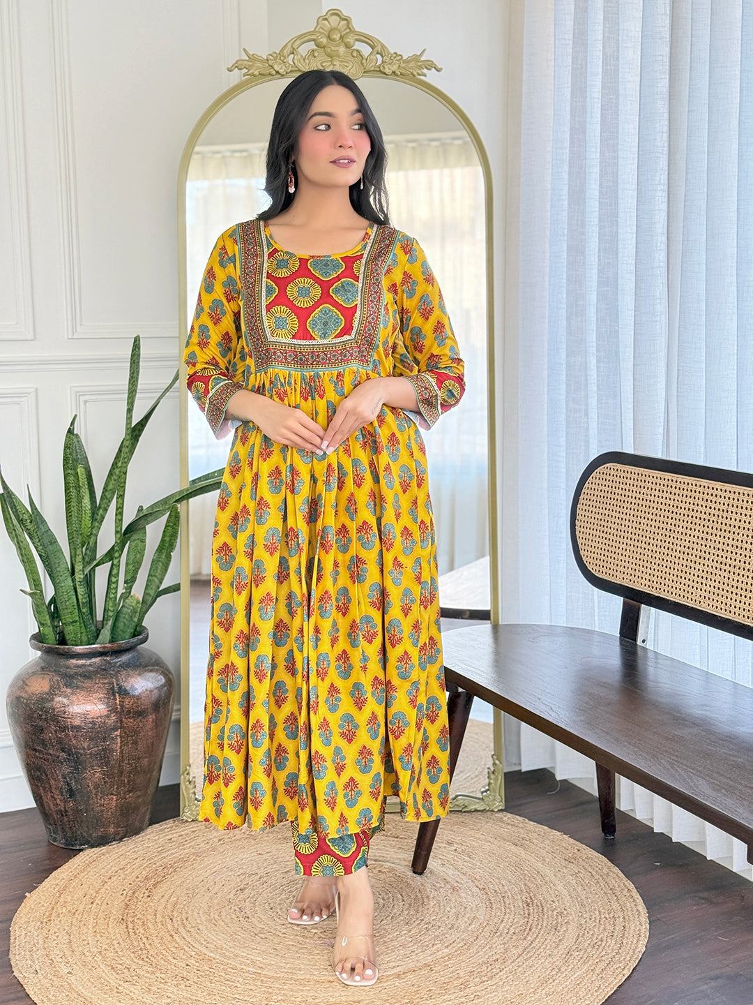 The52 Women's Gorgeous Rayon Printed Flared Kurta with Pant And Dupatta Set