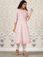 Thumbnail for Ode by House of Pataudi Floral Printed Gotta Patti Pure Cotton A-Line Kurta - Distacart