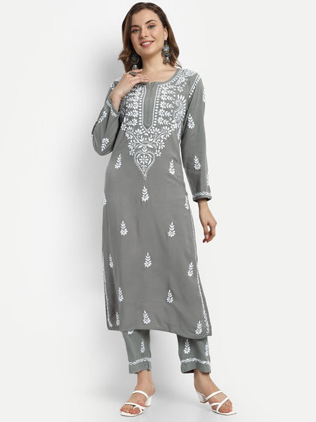 ADA Ethnic Motifs Embroidered Lucknowi Chikankari Kurta with Trousers - Distacart