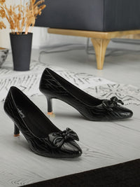 Thumbnail for DressBerry Black Pointed Toe Textured Kitten Pumps With Bows
