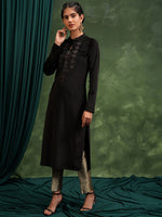 Thumbnail for Vishudh Black Ethnic Motifs Yoke Design Embroidered Keyhole Neck Straight Kurta - Distacart