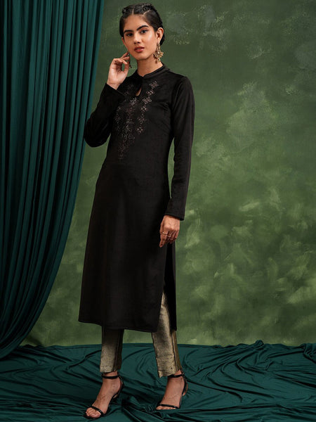 Vishudh Black Ethnic Motifs Yoke Design Embroidered Keyhole Neck Straight Kurta - Distacart