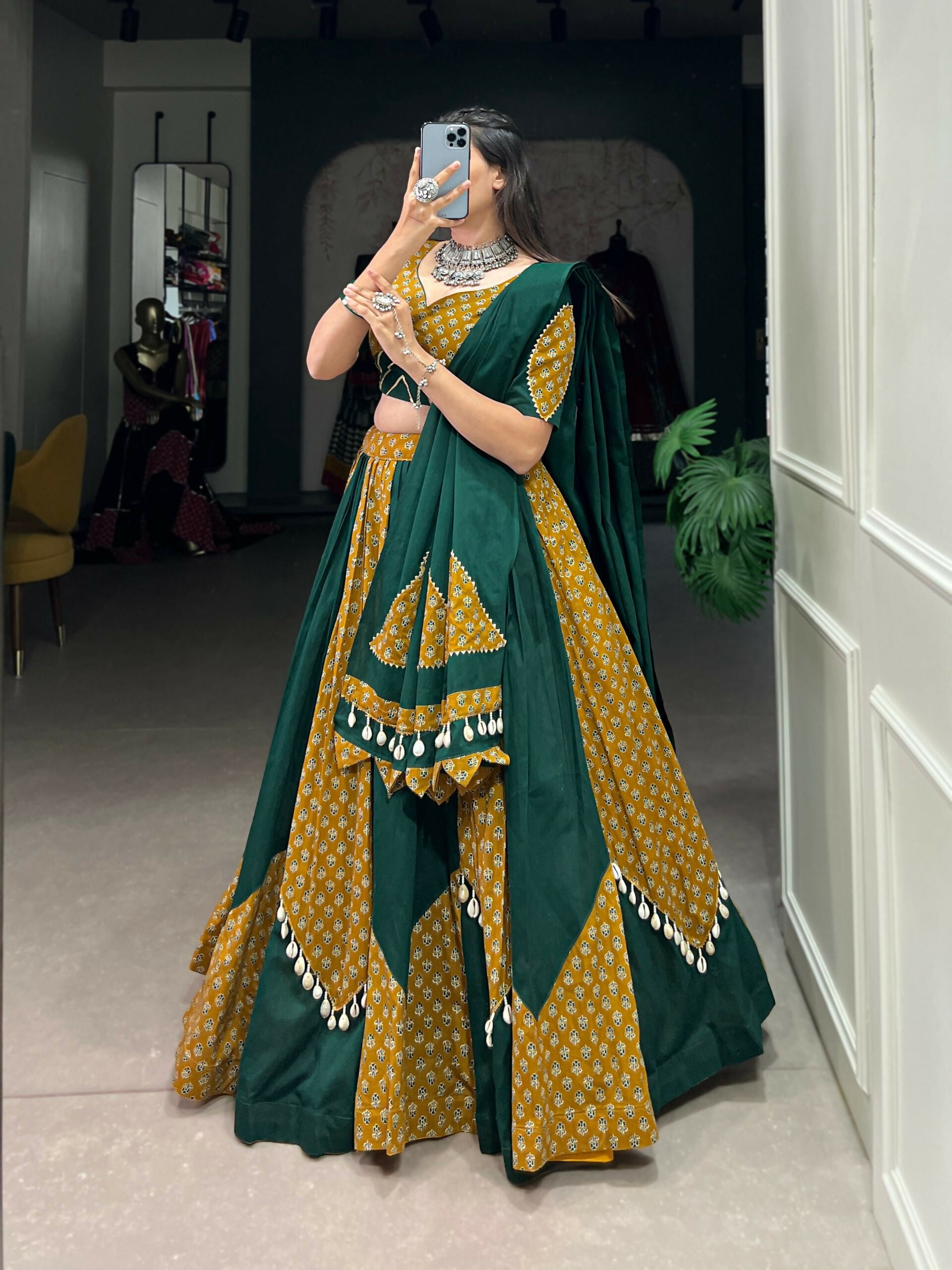 Vastranavya Navaratri Special Pure Cotton Printed With Cowrie (Kodi) Lace Touch Up Lehenga with Stitched Blouse - Green - Distacart