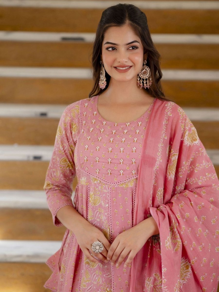 Anouk Women Floral Printed Panelled Aari Work Pure Cotton Kurta with Trousers & With Dupatta