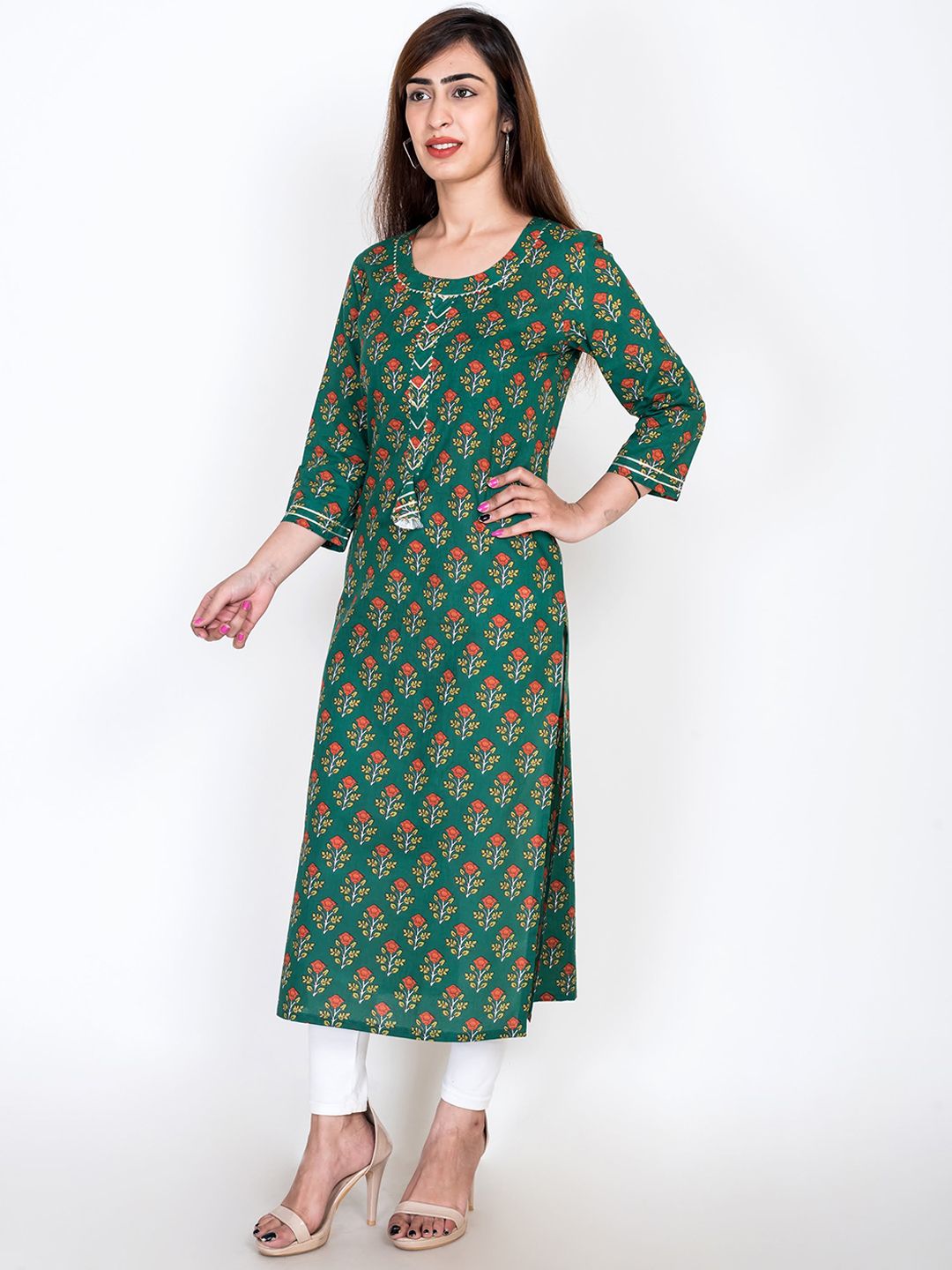Swasti Women Green Ethnic Motifs Printed Flared Sleeves Thread Work Floral Kurta
