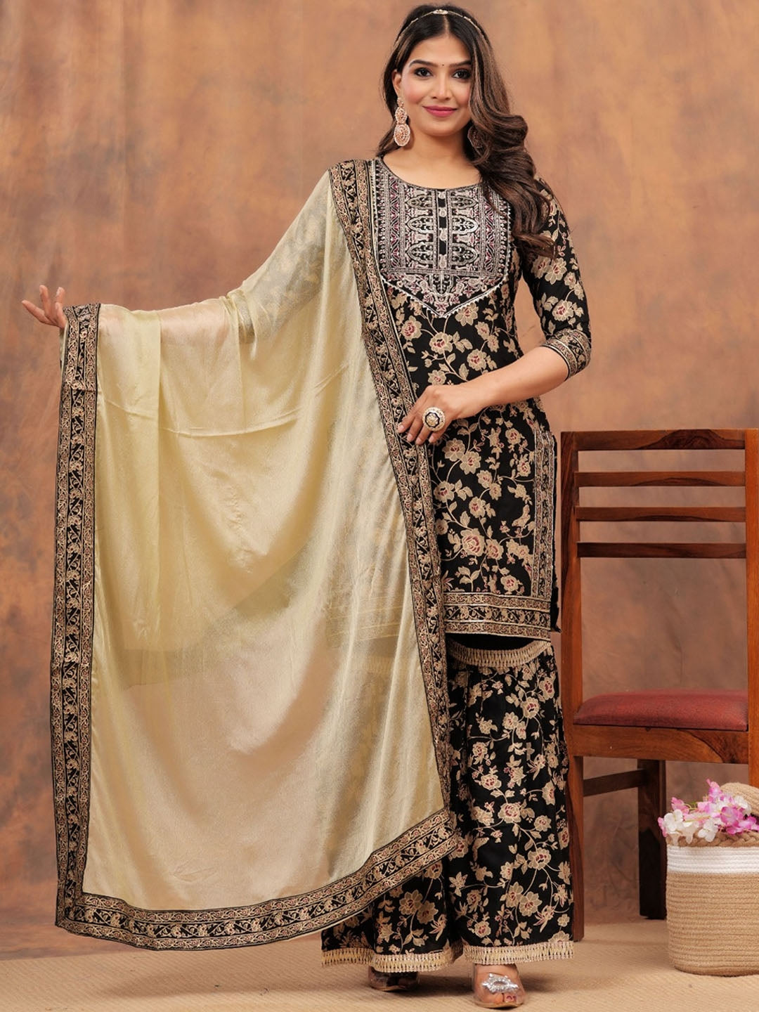 Floral Printed Gotta Patti Straight Kurta with Sharara & Dupatta (Black) - Rasiya