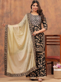 Thumbnail for Floral Printed Gotta Patti Straight Kurta with Sharara & Dupatta (Black) - Rasiya