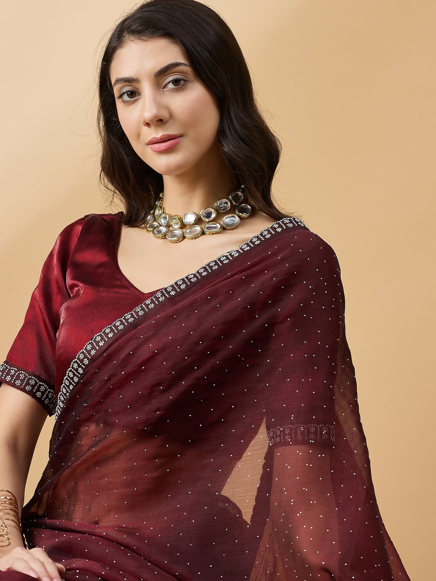 Brown Organza Swaroski Diamond Work Saree with Unstitched Blouse - Radha - Distacart