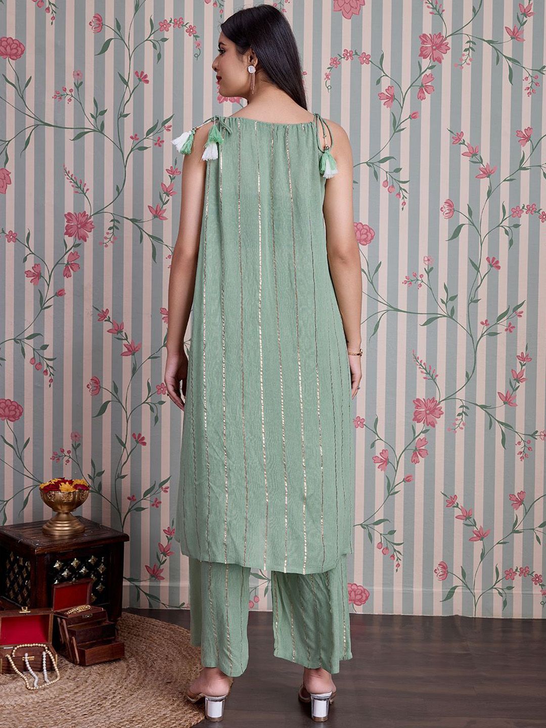 Ode by House of Pataudi Striped Straight Kurta with Palazzos - Distacart