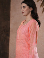 Thumbnail for ADA Women Peach-Coloured Chikankari Hand Embroidered Straight Kota Handloom Kurta With Matching Slip - Distacart