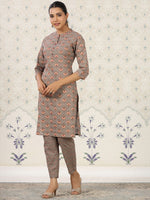 Thumbnail for Ode by House of Pataudi Floral Printed Band Collar Pure Cotton Kurta with Trousers - Distacart