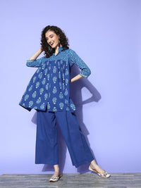 Thumbnail for Ahalyaa Blue Pure Cotton Tunic & Palazzos Ethnic Co-Ords - Distacart