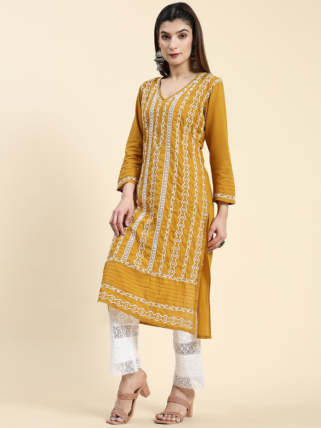 HOUSE OF KARI Ethnic Motifs Embroidered Chikankari Cotton Kurta - Distacart