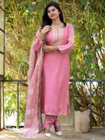 Thumbnail for The52 Women's Gorgeous Cotton Blend Embroidery Straight Kurta with Pant And Dupatta Set