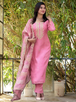 Thumbnail for The52 Women's Gorgeous Cotton Blend Embroidery Straight Kurta with Pant And Dupatta Set