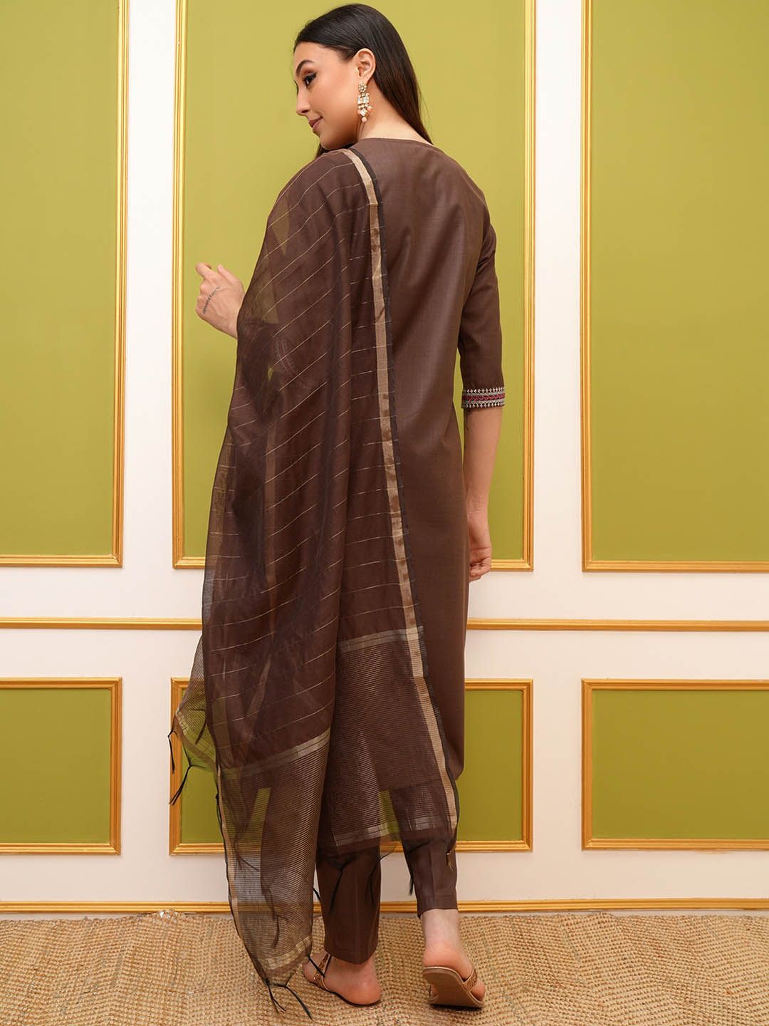 Vishudh Brown Ethnic Motifs Embroidered Kurta & Trousers With Dupatta - Distacart