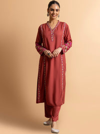 Thumbnail for HOUSE OF KARI Floral Embroidered Regular Chikankari Kurta with Trousers - Distacart
