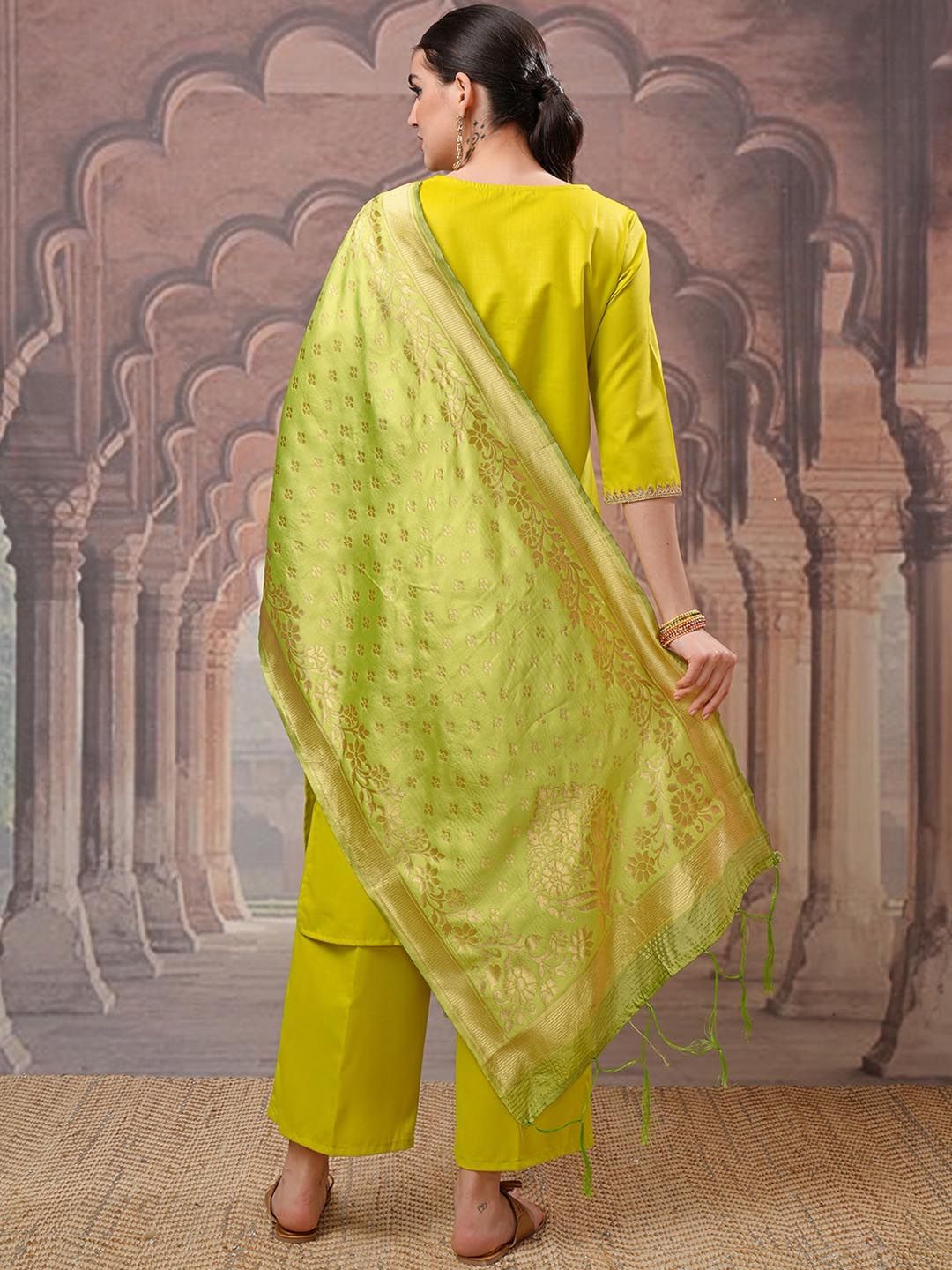 Vishudh Lime Green Gotta Patti Straight Kurta with Palazzo & Dupatta - Distacart