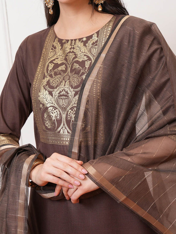 Vishudh Taupe Ethnic Motifs Printed Regular Kurta with Trouser & Dupatta - Distacart