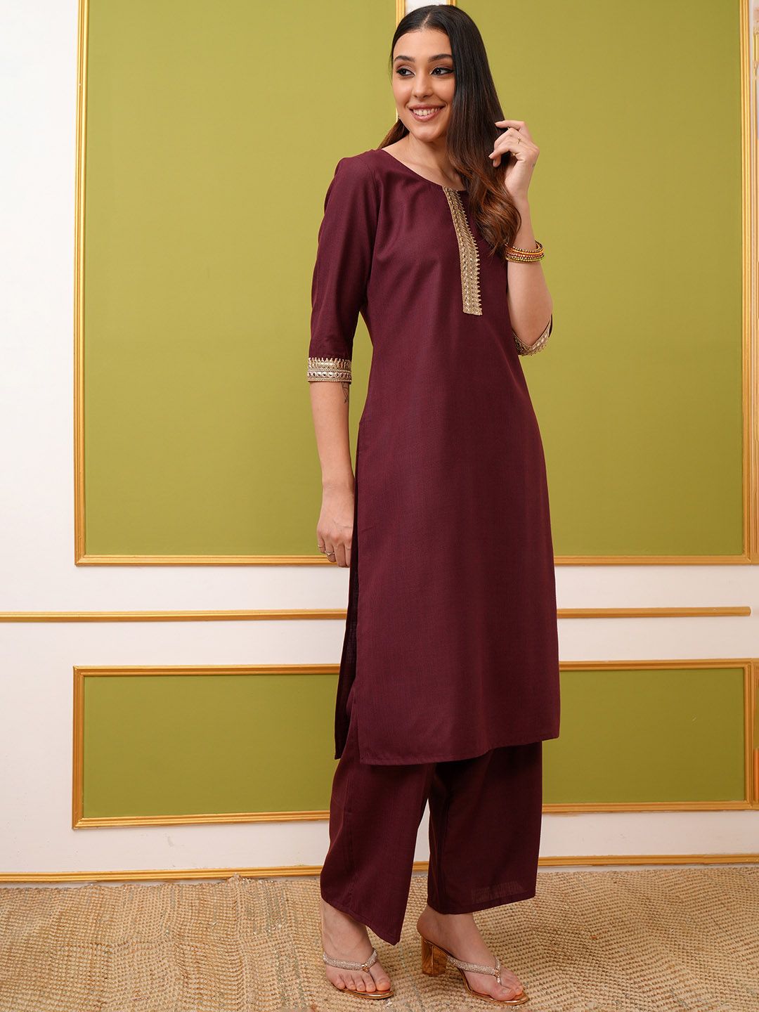 Vishudh Burgundy Yoke Design Thread Work Straight Kurta & Palazzos With Dupatta - Distacart