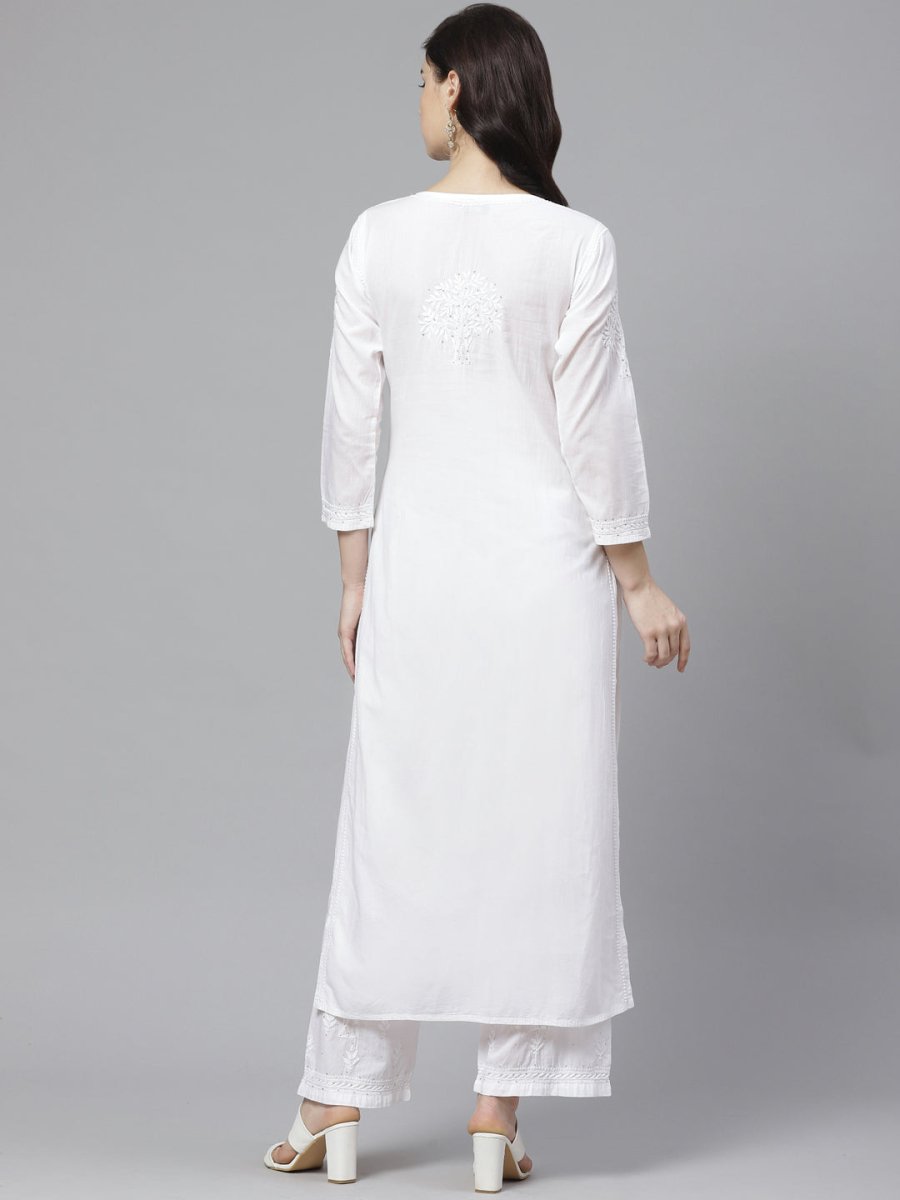 ADA Women White Chikankari Embroidered Sustainable Kurta with Palazzos - Distacart