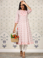 Thumbnail for Ode by House of Pataudi Floral Printed Gotta Patti Pure Cotton A-Line Kurta - Distacart