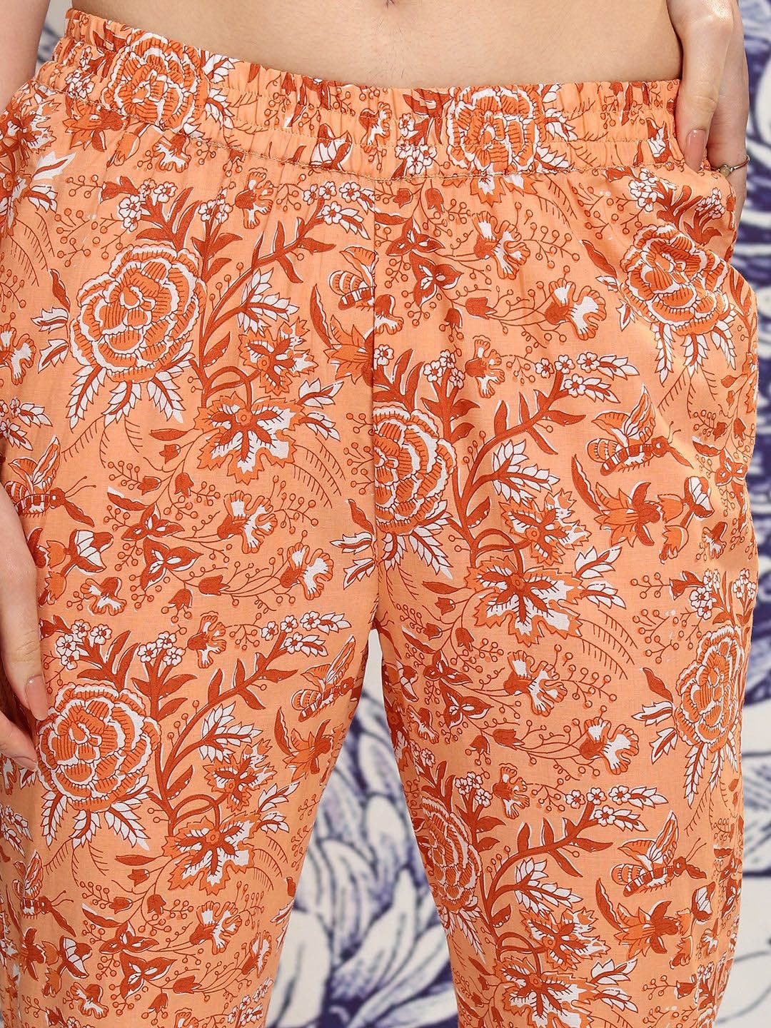 Vishudh Peach Floral Printed Regular Pure Cotton Kurta with Trousers & Dupatta - Distacart