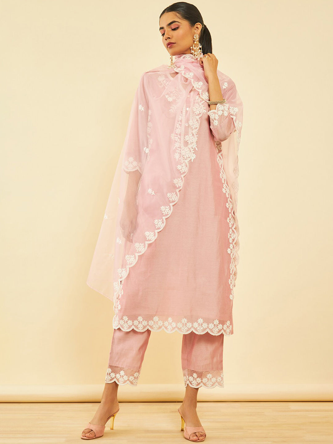 Soch Ethnic Motifs Embroidered Regular Chanderi Silk Kurta with Trousers & Dupatta - Distacart