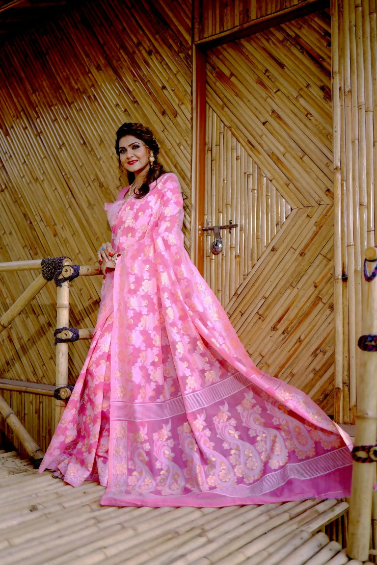 Partywear Designer Pink Jamdani contton Fancy Saree - Starwalk - Distacart