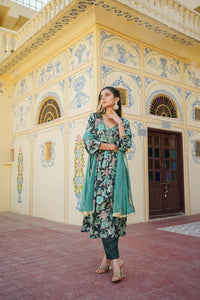 Thumbnail for Vaasva Women Teal Muslin Embroidered Kurta, Pant & Dupatta Set - Distacart