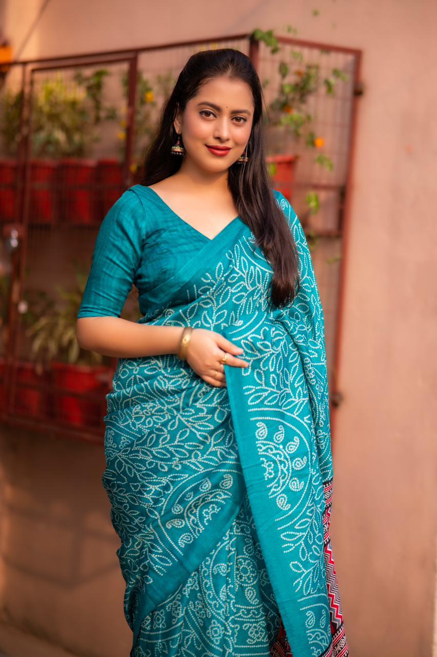 Rama Silk Blend Ajrak Saree with Unstitched Blouse - A2M