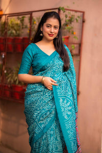 Thumbnail for Rama Silk Blend Ajrak Saree with Unstitched Blouse - A2M