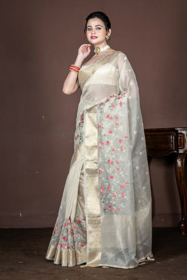 Morchari Beige Banarasi Tissue Computer Embroidery Saree Unstitched Blouse