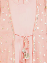 Thumbnail for Ahalyaa Pink Crepe & Net Foil Print Kids Dress For Girls - Distacart