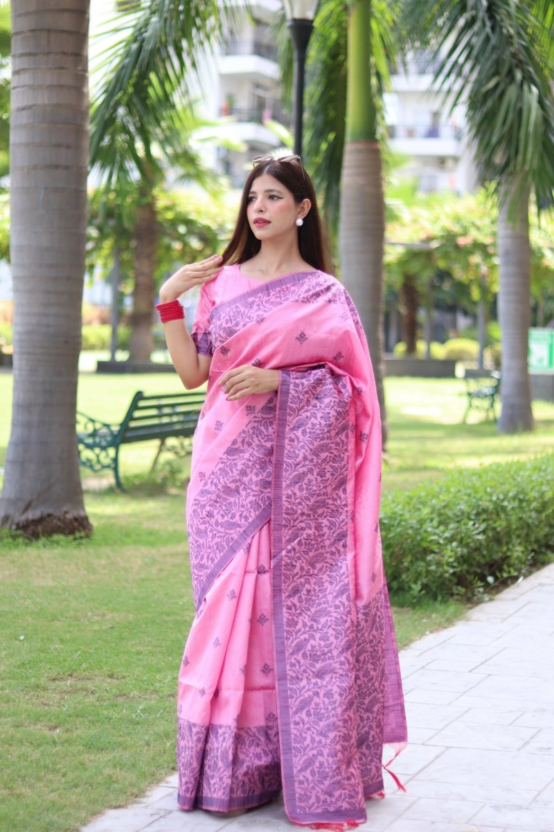 Aastha Fashion Baby Pink Woven Handloom Raw Silk Saree with Blouse - Distacart