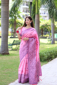 Thumbnail for Aastha Fashion Baby Pink Woven Handloom Raw Silk Saree with Blouse - Distacart