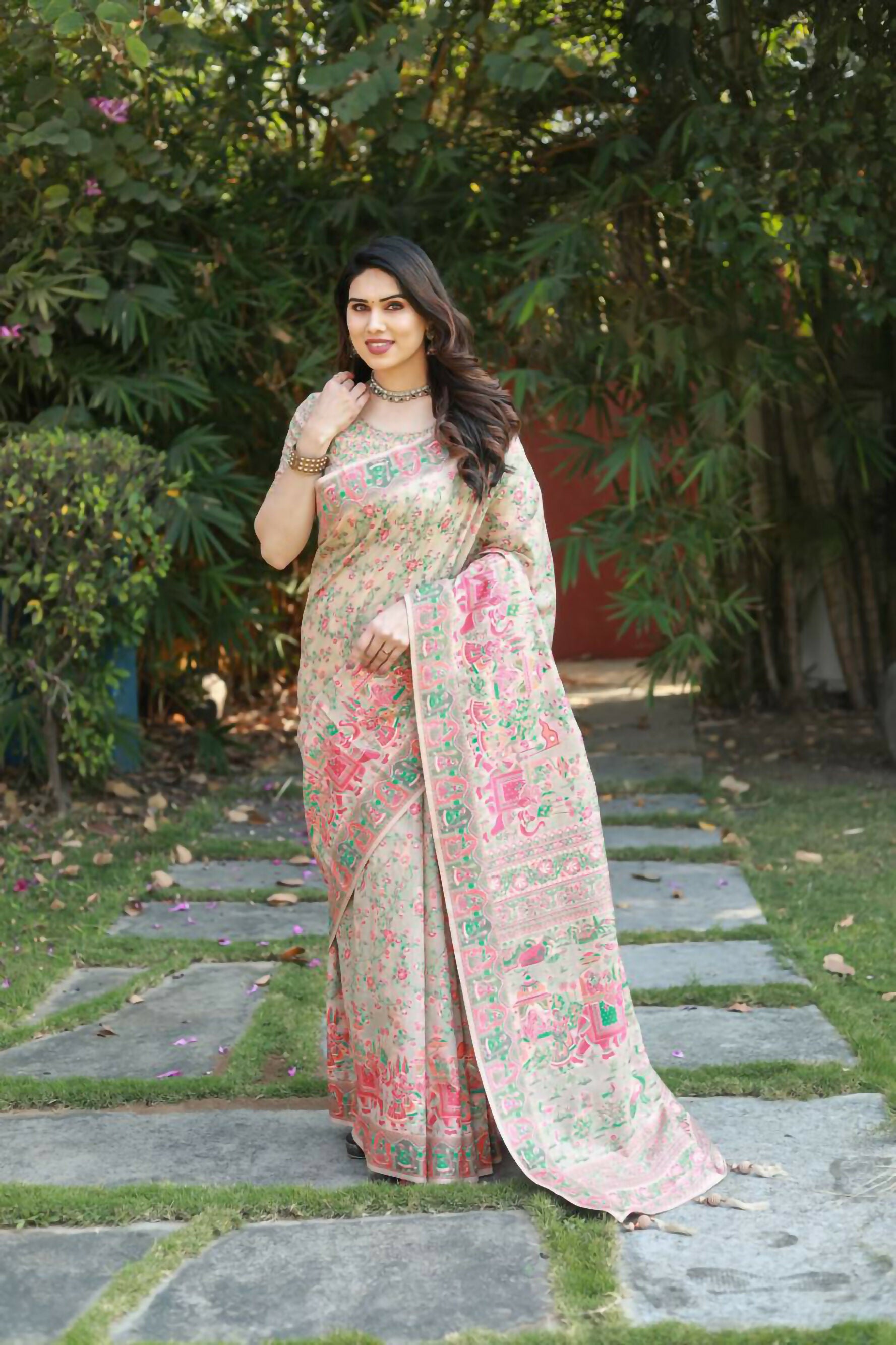 Vastranavya Luxury and Beautiful Soft, Smooth, Flowing Original Pashmina Soft Cotton Saree with Matching Blouse Fabric - Cream - Distacart