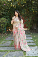 Thumbnail for Vastranavya Luxury and Beautiful Soft, Smooth, Flowing Original Pashmina Soft Cotton Saree with Matching Blouse Fabric - Cream - Distacart