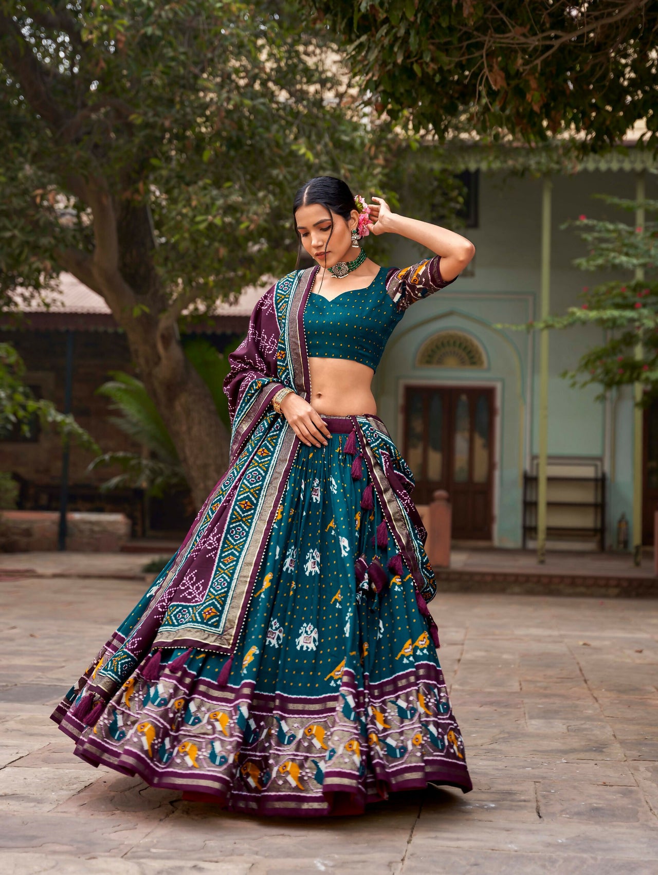 Vastranavya Patola Printed and Foil Work Tussar Silk Lehenga with Unstitched Blouse - Teal