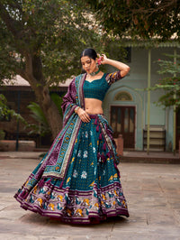 Thumbnail for Vastranavya Patola Printed and Foil Work Tussar Silk Lehenga with Unstitched Blouse - Teal