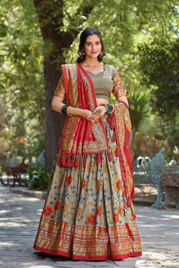 Vastranavya Kalamkari Print With Foil Print Lehenga with Unstitched Printed Blouse - Grey - Distacart