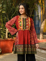 Thumbnail for Juniper Rust Ethnic Motif Printed Cotton & Chiffon Peplum Tunic With Thread Embroidery & Tassels - Distacart