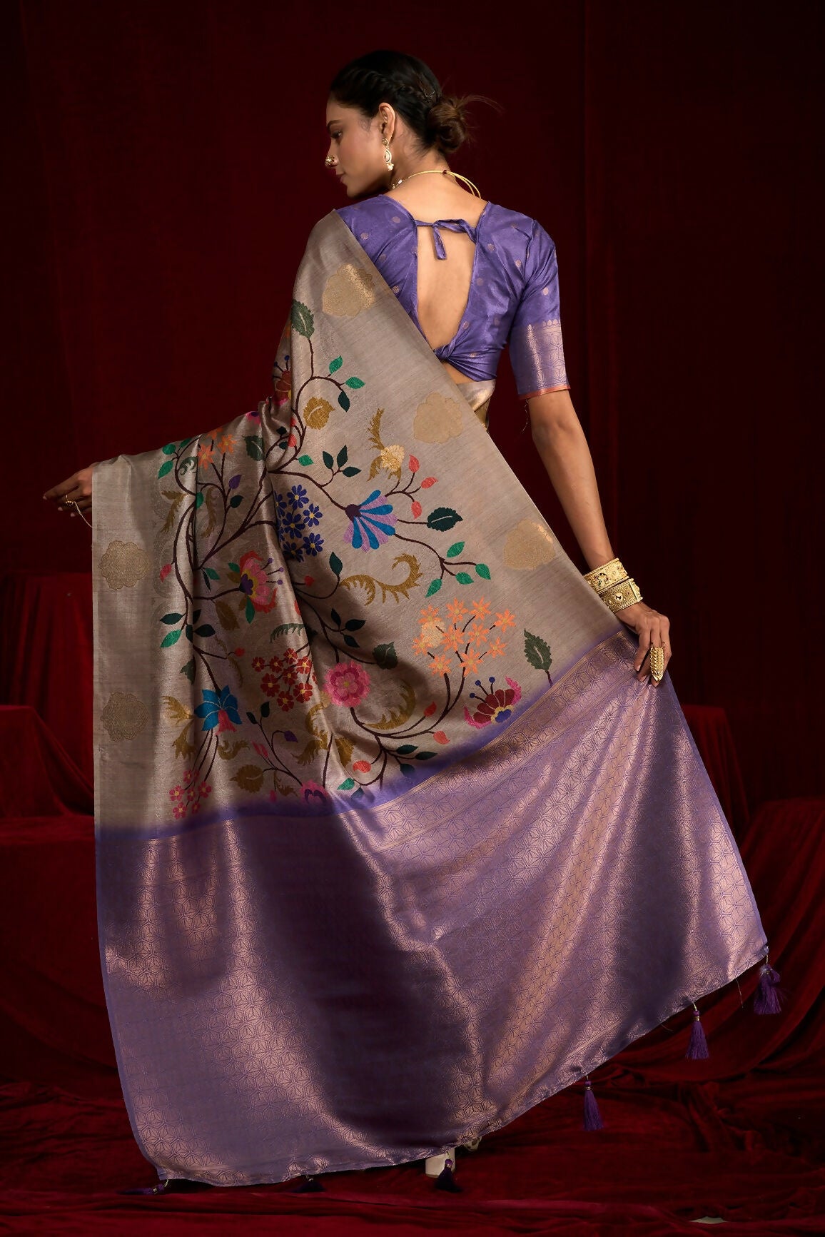 Joban Fashion Powder Blue Soft Silk Weaving Fabric With Digital Jamdani Print With Jacquard Rich Pallu & Blouse With Spring Tassels