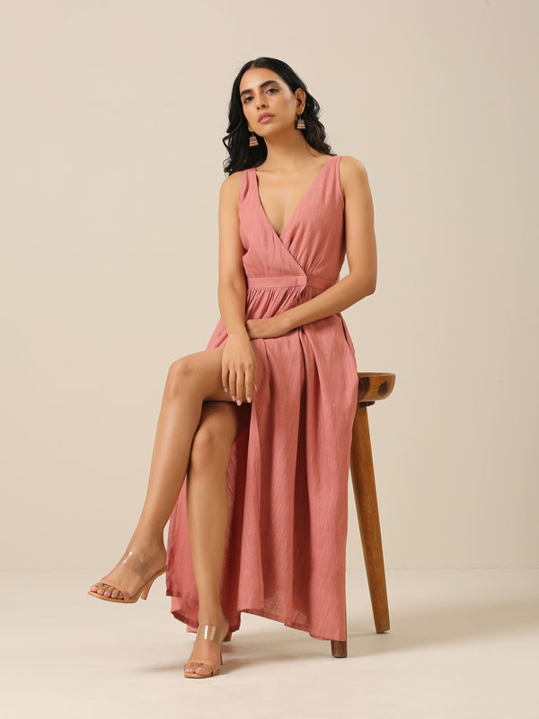 trueBrowns Light Mauve Slub Texture Sleeveless Wrap Dress - Distacart