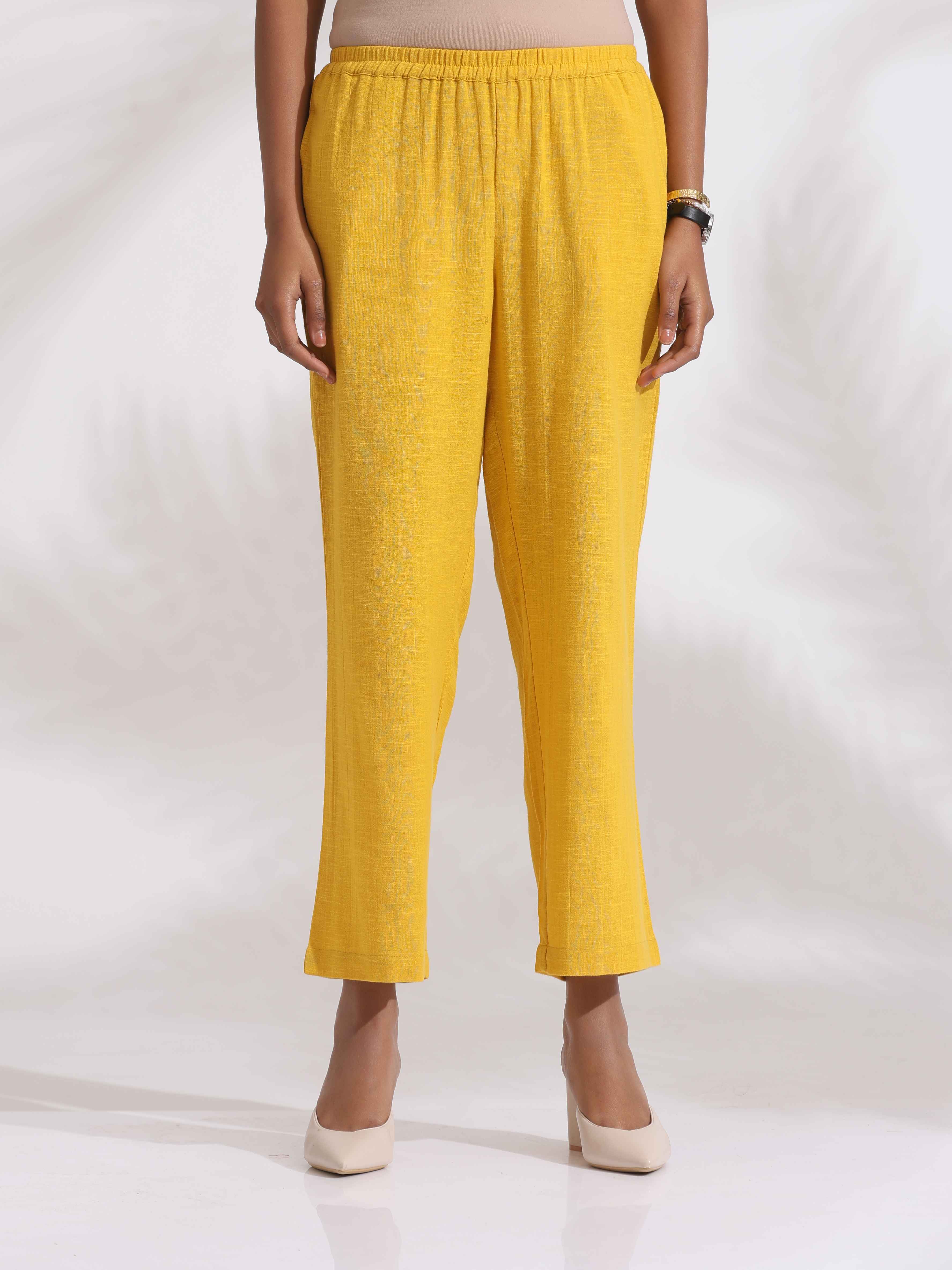 trueBrowns Yellow Cotton Slub Embroidered Straight Kurta Set - Distacart