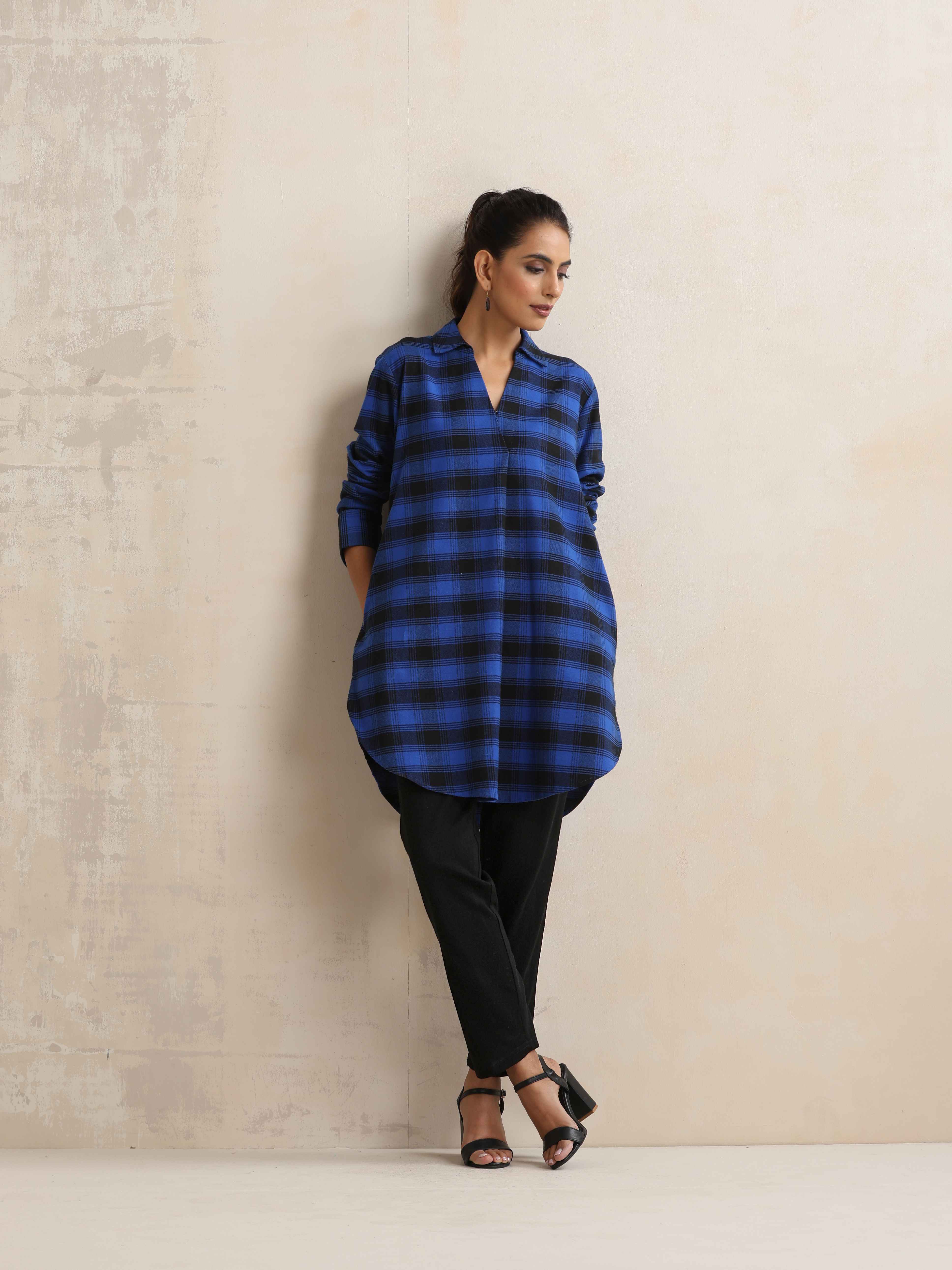 trueBrowns Blue Check Pleated Winter Top - Distacart